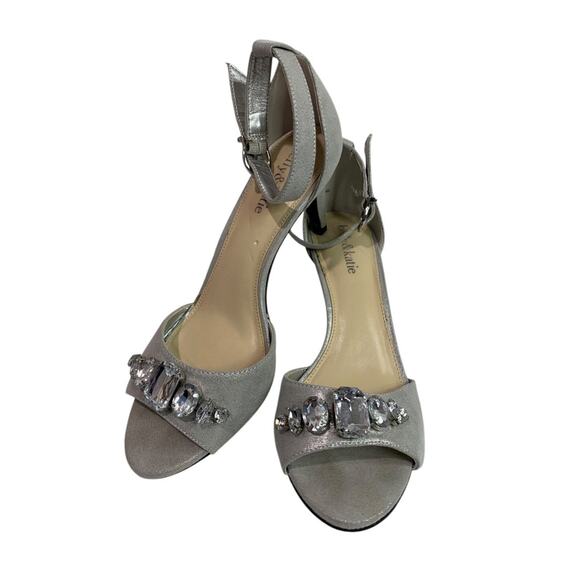 Size 7.5 Kelly & Katie Silver Bejeweled Ankle Strap 3 Inch Heels - Picture 5 of 11